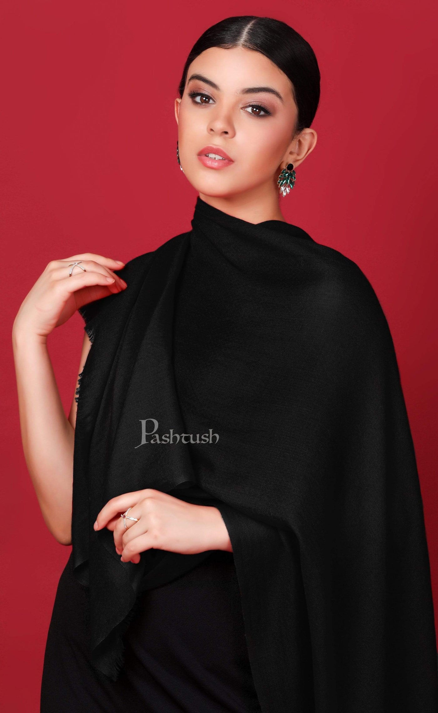 Pashtush India 70x200 Pashtush Womens Softest Rich Cashmere Scarf, With Diamond Weave, Deep Black