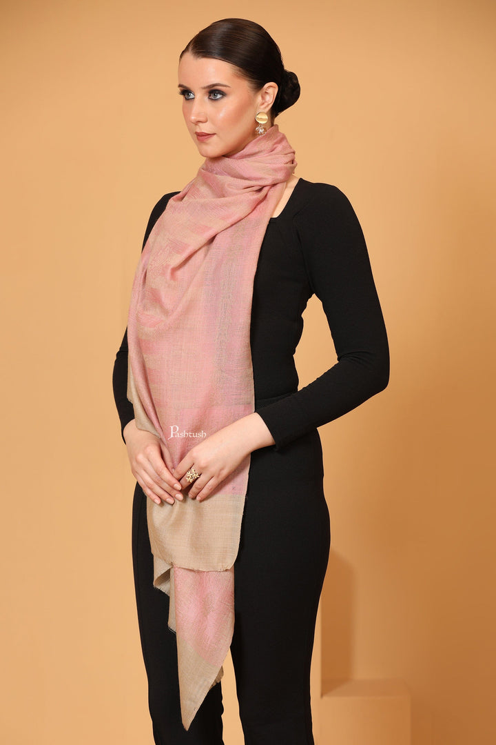 Pashtush India Womens Stoles and Scarves Scarf Pashtush Womens Stole, Extra Fine Wool, Ikkat Design Weave, Light Pink