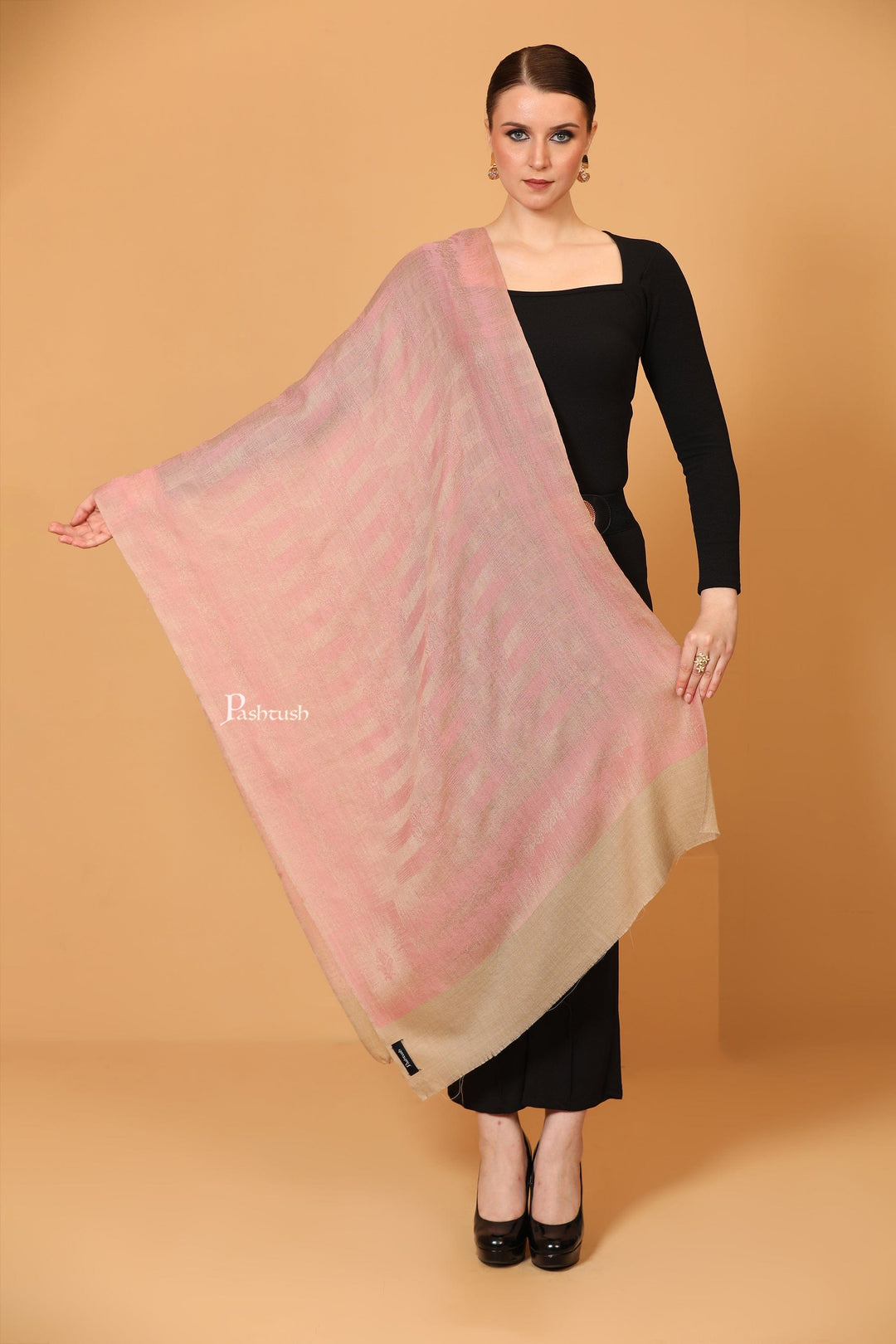 Pashtush India Womens Stoles and Scarves Scarf Pashtush Womens Stole, Extra Fine Wool, Ikkat Design Weave, Light Pink