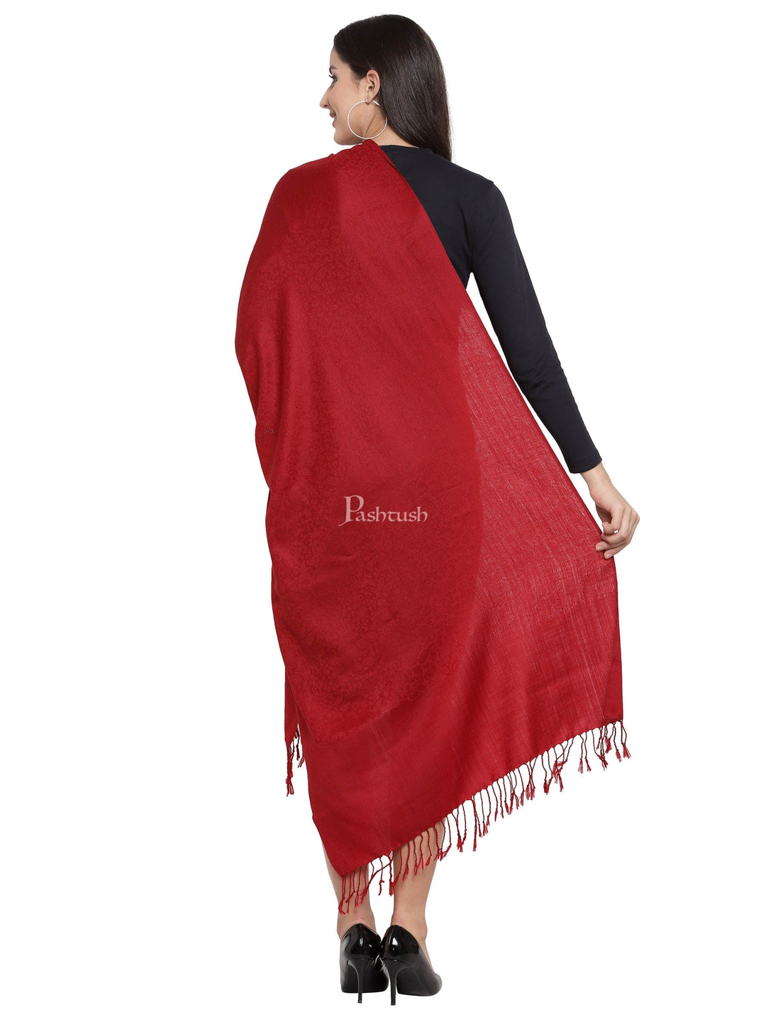 Pashtush India Womens Stoles and Scarves Scarf Pashtush Womens Stole, Fine Wool Scarf, Paisley Jacquard Weave, Maroon