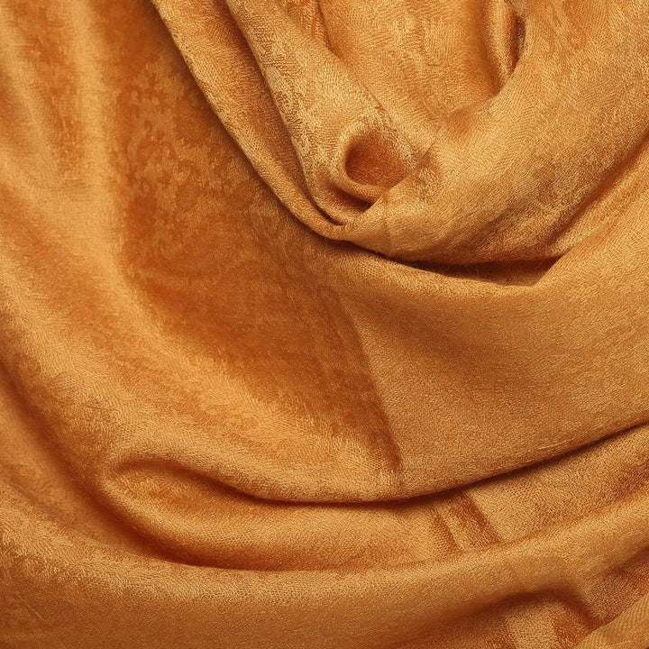 Pashtush Womens Stole, Fine Wool Scarf, Paisley Jacquard Weave, Mustard