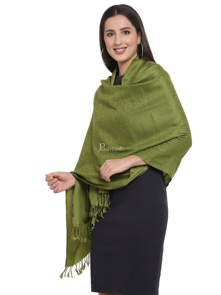 Pashtush India Womens Stoles and Scarves Scarf Pashtush Womens Stole, Fine Wool Scarf, Paisley Jacquard Weave, Olive Green