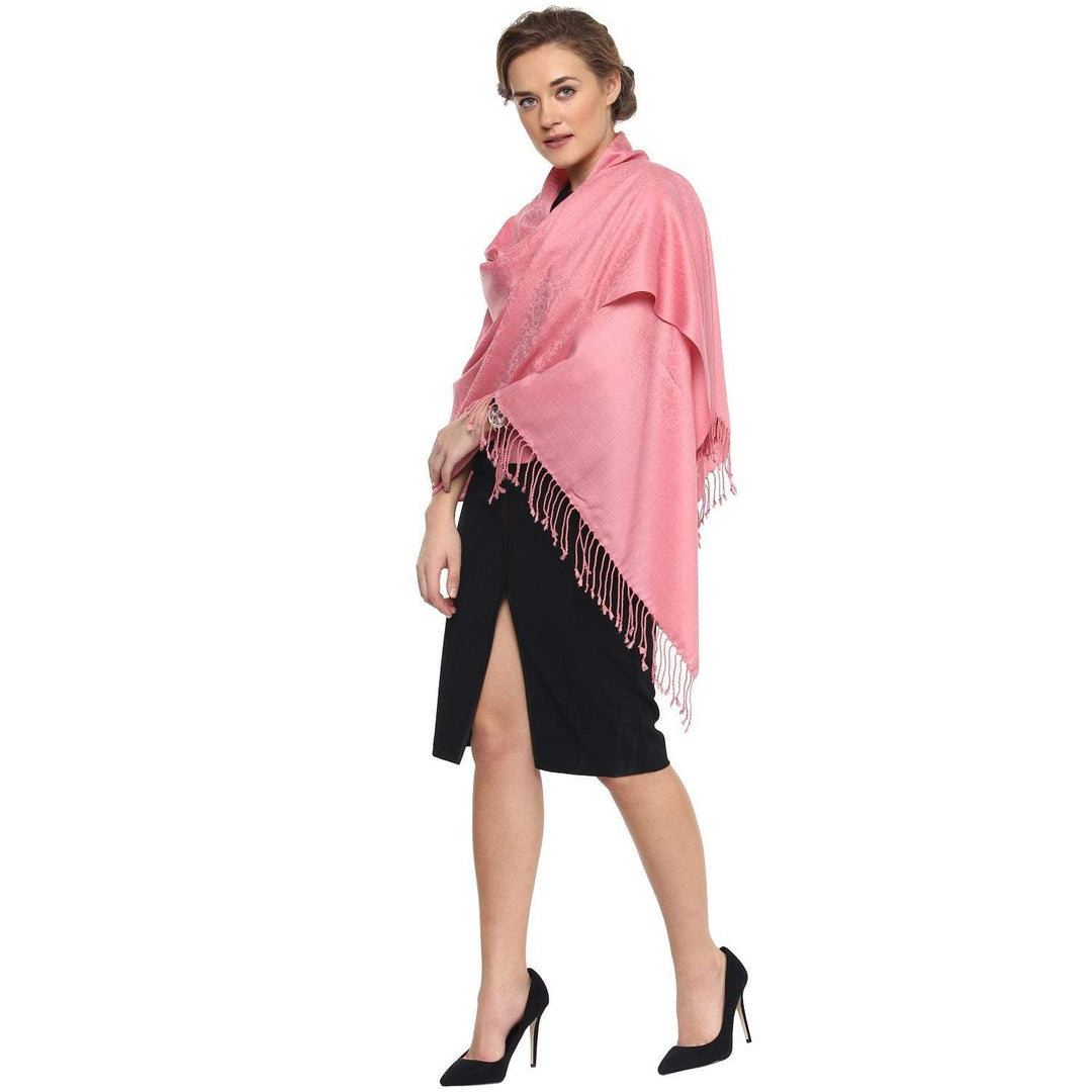 Pashtush Womens Stole, Fine Wool Scarf, Paisley Jacquard Weave, Soft Pink