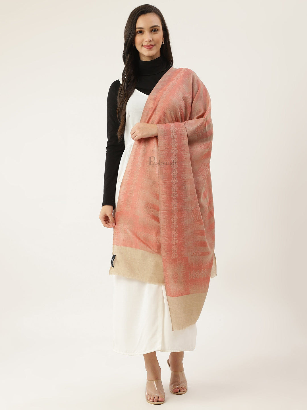 Pashtush India Womens Stoles and Scarves Scarf Pashtush womens Stole, Ikkat design, Peach