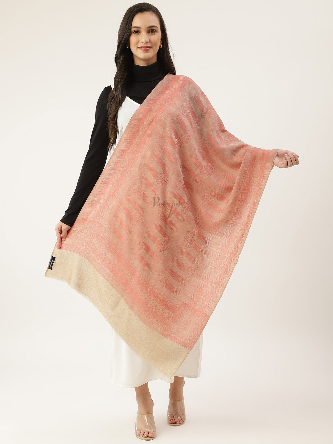 Pashtush India Womens Stoles and Scarves Scarf Pashtush womens Stole, Ikkat design, Peach