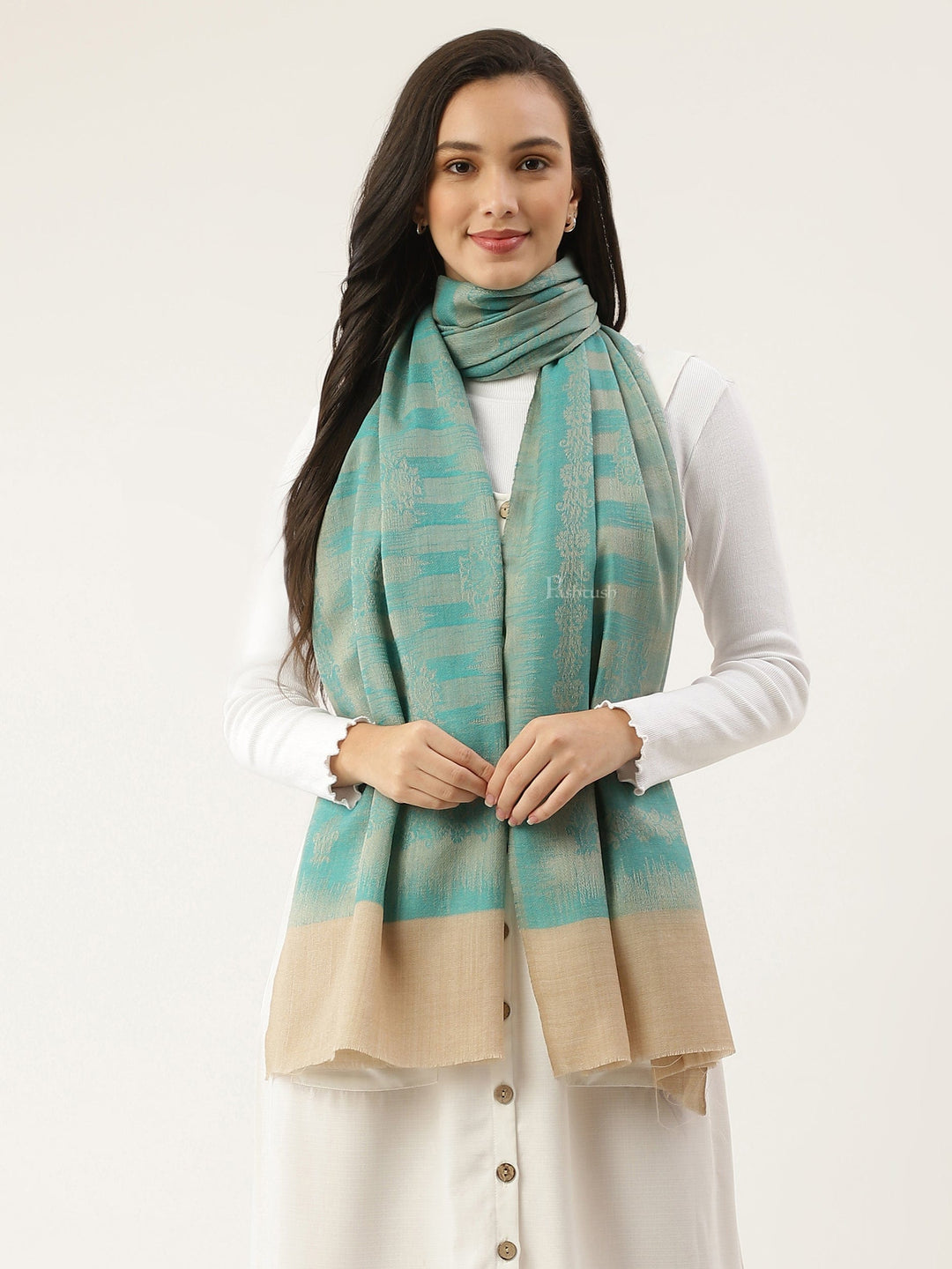 Pashtush India Womens Stoles and Scarves Scarf Pashtush womens Stole, Ikkat design, Seagreen