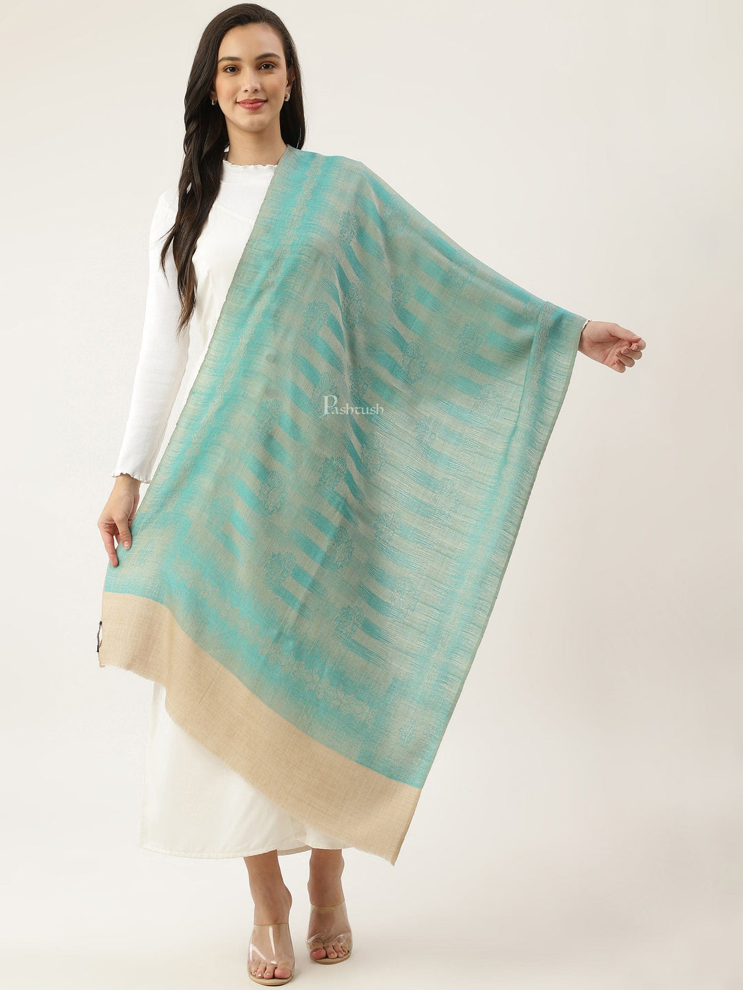 Pashtush India Womens Stoles and Scarves Scarf Pashtush womens Stole, Ikkat design, Seagreen