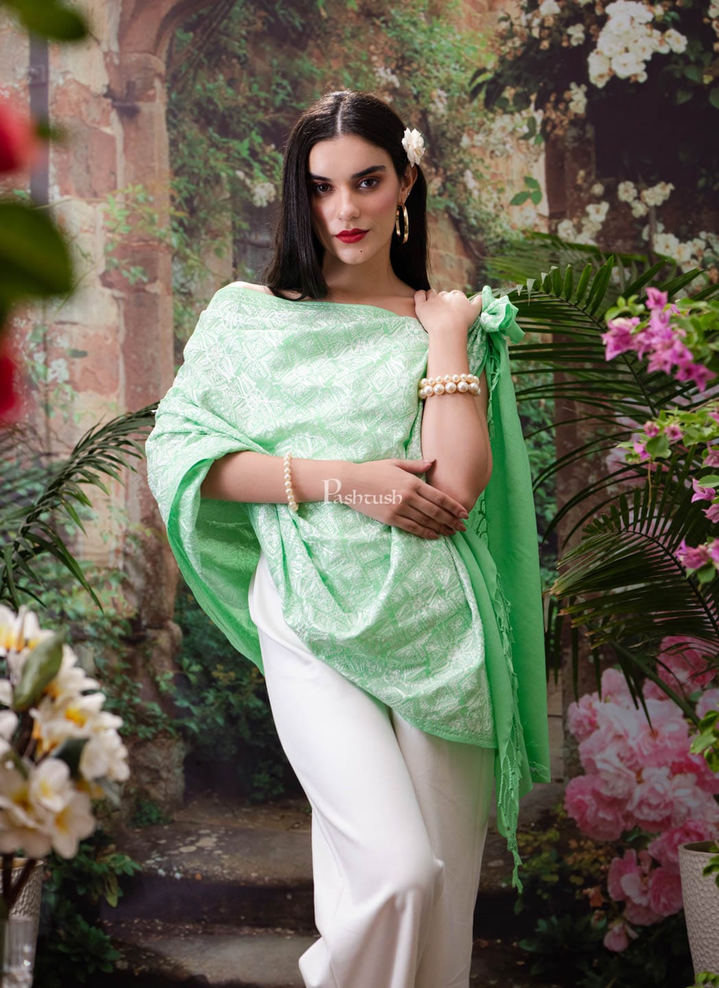 Pashtush India Womens Stoles and Scarves Scarf Pashtush Womens Stole, Romantic Pastels, Extra Fine Silky Nalki Embroidery, Peruvian Green