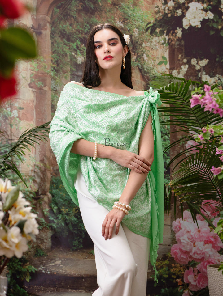 Pashtush India Womens Stoles and Scarves Scarf Pashtush Womens Stole, Romantic Pastels, Extra Fine Silky Nalki Embroidery, Peruvian Green