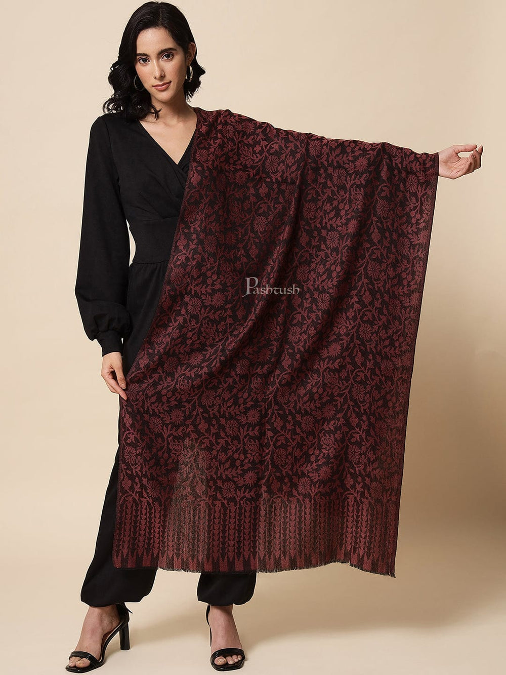 Pashtush India Womens Stoles and Scarves Scarf Pashtush Womens Stole, Soft and Warm, Reversible Floral Weave, Burgundy