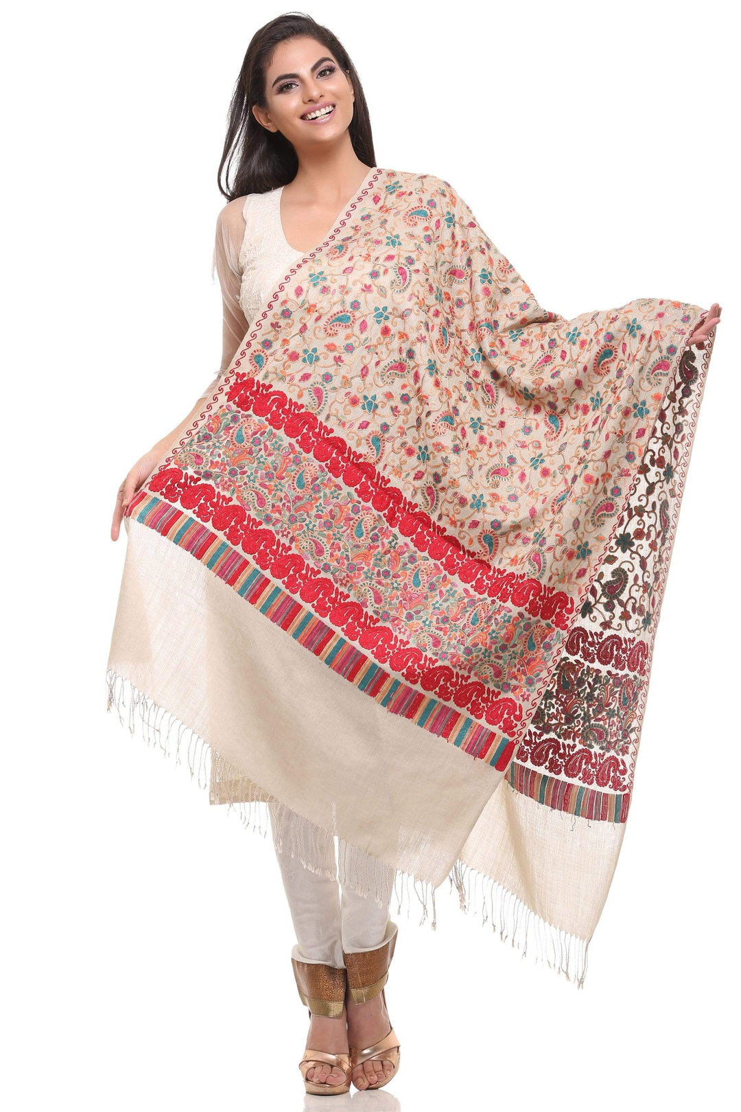 Pashtush Store Stole Pashtush Womens Stole with Aari Embroidery, Jaal Design, light Beige