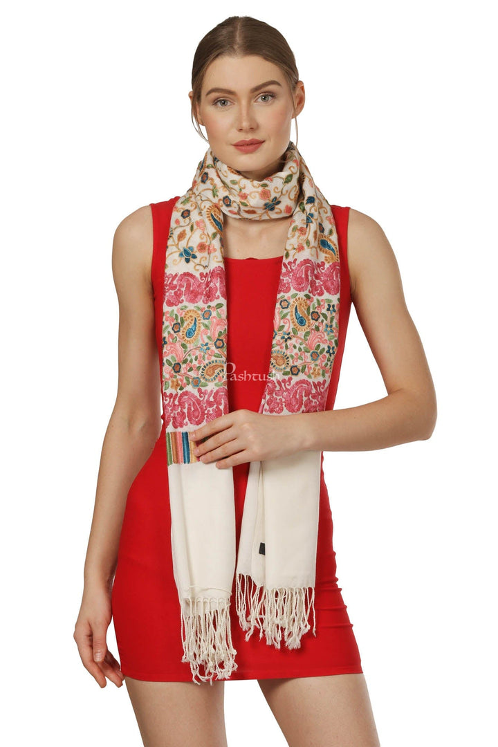 Pashtush India Womens Stoles and Scarves Scarf Pashtush Womens Stole With Aari Embroidery, Jaal Design, White