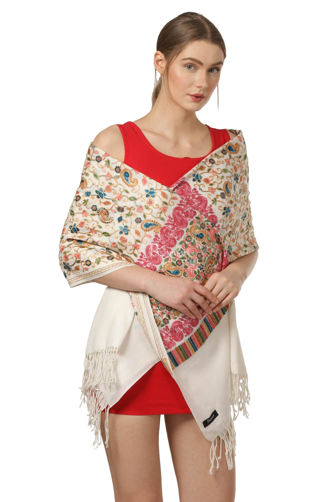 Pashtush India Womens Stoles and Scarves Scarf Pashtush Womens Stole With Aari Embroidery, Jaal Design, White
