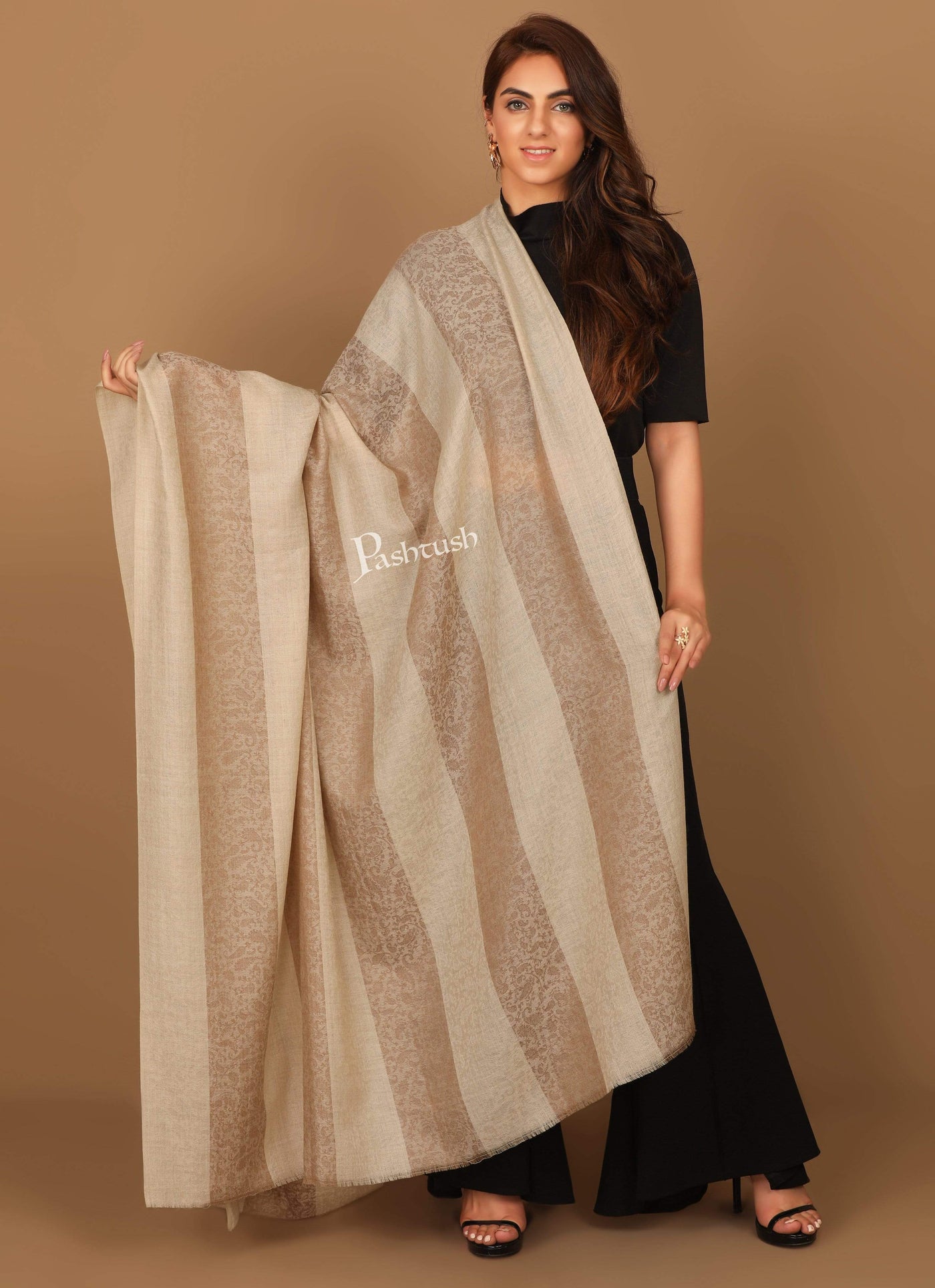 Pashtush Store Shawl Pashtush Womens Striped Paisley, Self Shawl, in Extra Soft Fine Wool, Large Size