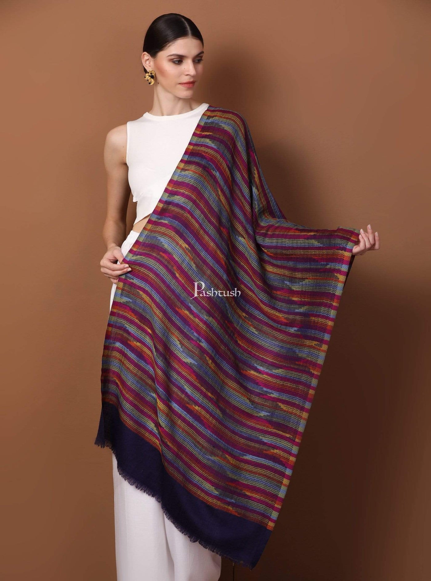 Pashtush India 70x200 Pashtush Womens Striped Reversible Stole, 100% Pure Wool With Woolmark Certification