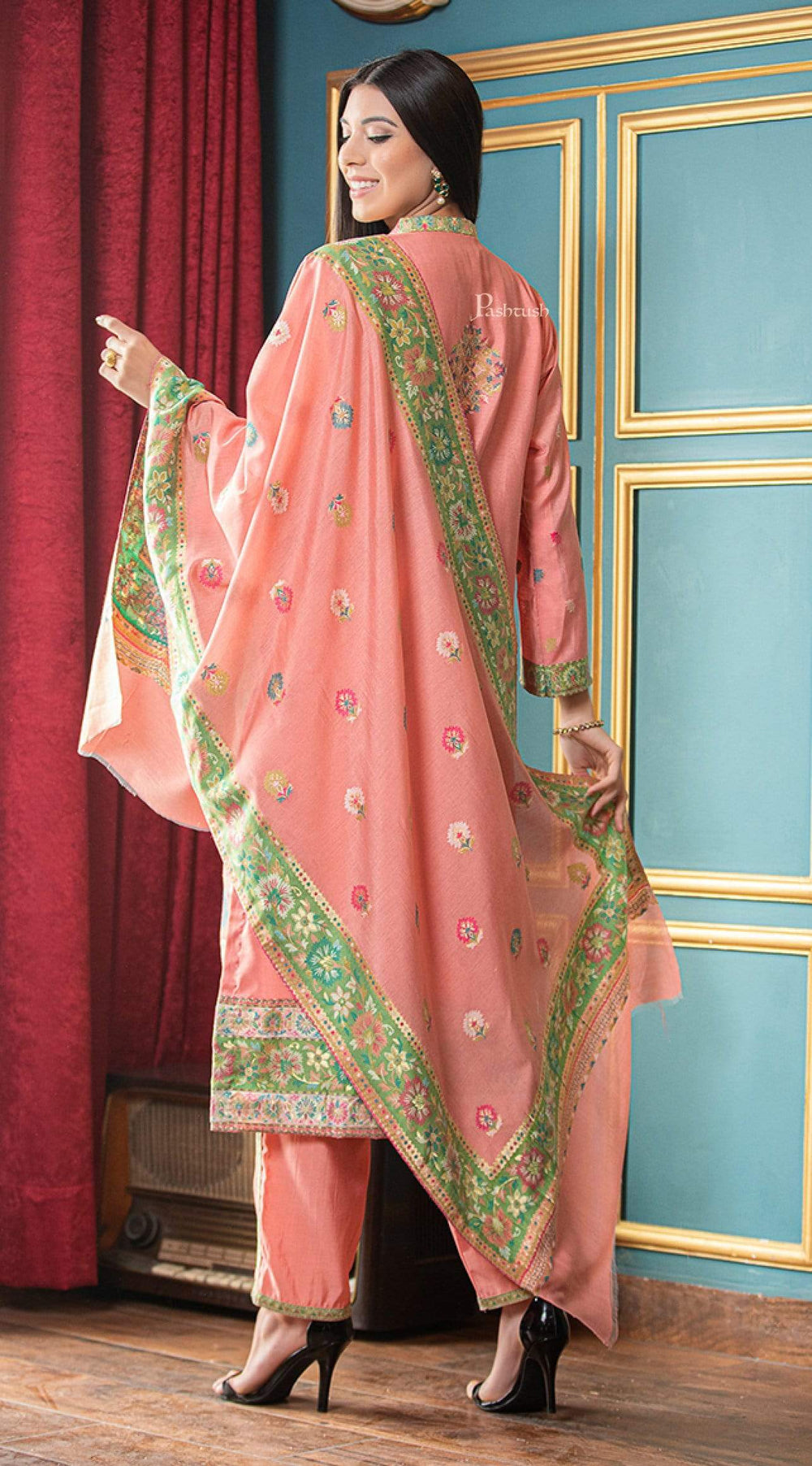 Pashtush India suit Pashtush Womens Suit, Ethnic Weave Cotton-Silk Unstitched, Peach Salmon