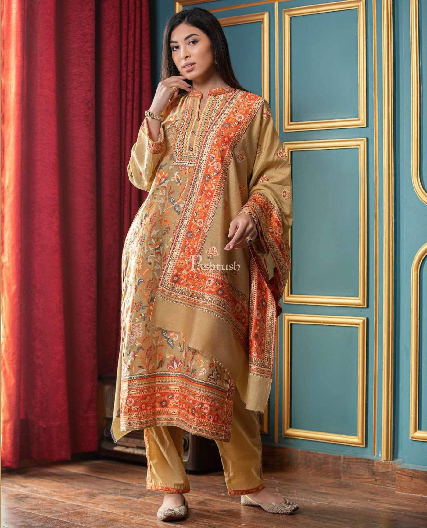 Pashtush India suit Pashtush Womens Suit with Ethnic Weave Cotton-Silk, Unstitched, Sun-kissed Hue