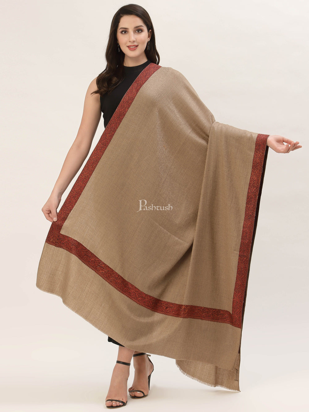 Pashtush India Mens Shawls Gents Shawl Pashtush Womens taupe Embroidery Daur Shawl