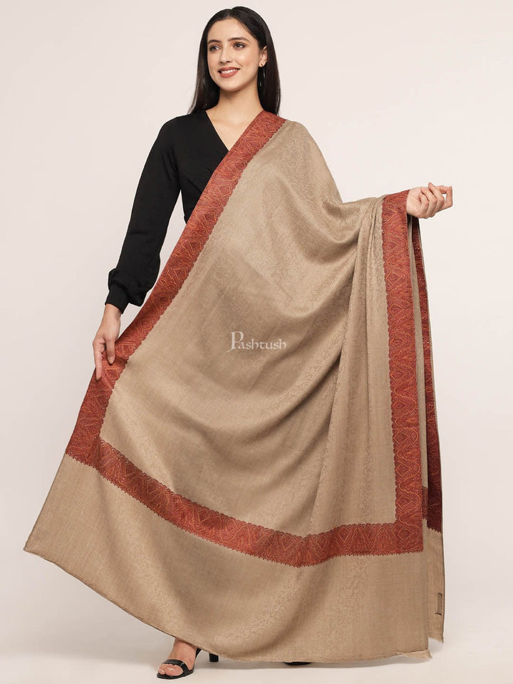 Pashtush India Mens Shawls Gents Shawl Pashtush Womens taupe Embroidery Daur Shawl