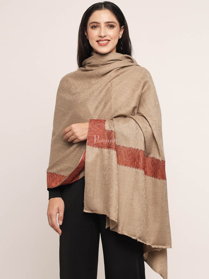 Pashtush India Mens Shawls Gents Shawl Pashtush Womens taupe Embroidery Daur Shawl