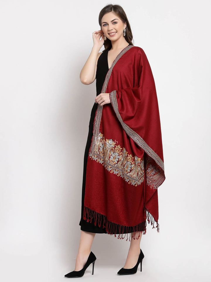 Pashtush India Womens Stoles and Scarves Scarf Pashtush Womens Tilla Work Embroidery Stole, Extra Fine Needlework, Crimson
