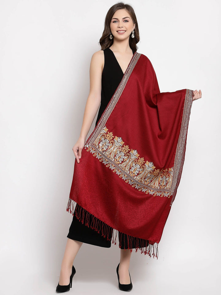 Pashtush India Womens Stoles and Scarves Scarf Pashtush Womens Tilla Work Embroidery Stole, Extra Fine Needlework, Crimson