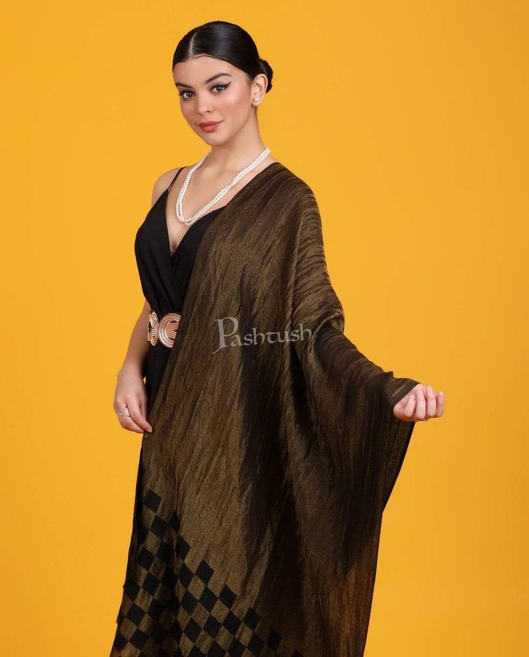Pashtush Shawl Store Stole Pashtush Womens Twilight Checkered Scarf, With Shimmery Zari  thread Weave, Black and Gold