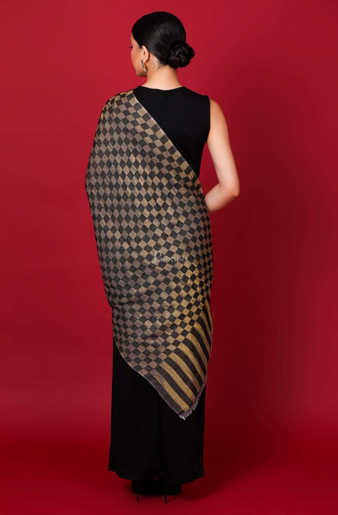 Pashtush India 70x200 Pashtush Womens Twilight Checkered Scarf, With Shimmery Zari  thread Weave, Black and Gold