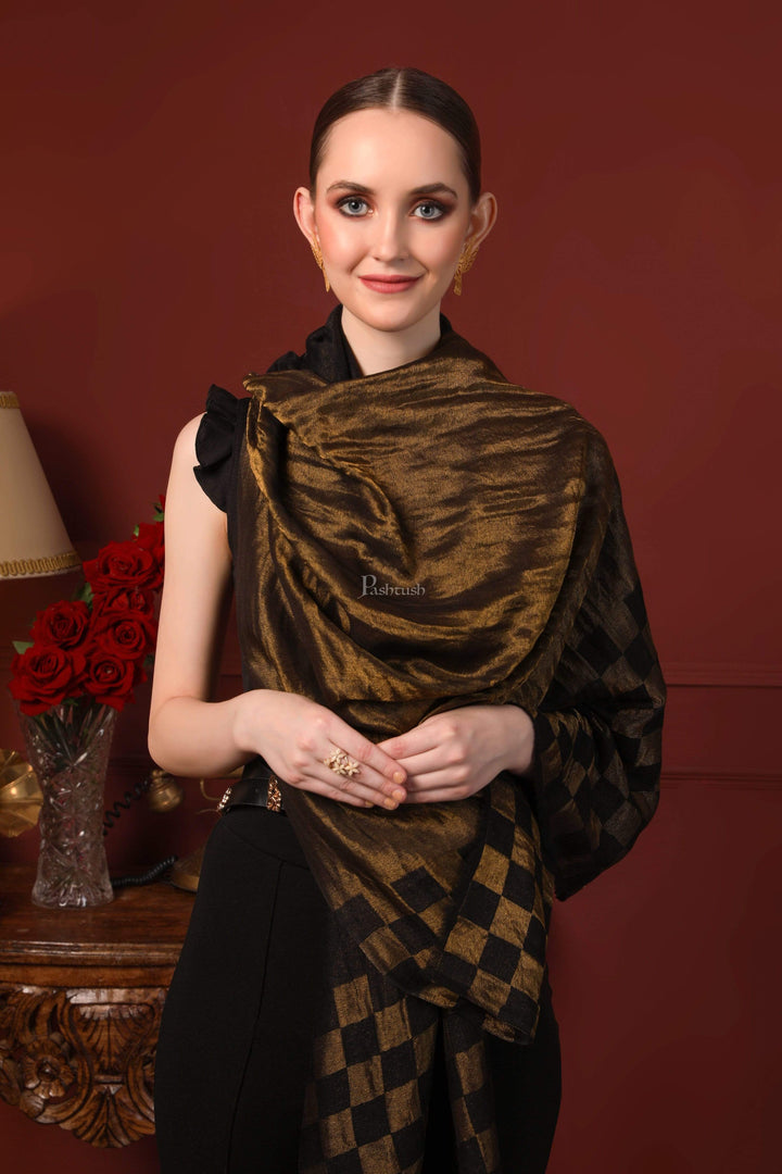 Pashtush India 70x200 Pashtush Womens Twilight Checkered Scarf, With Shimmery Zari  thread Weave, Black and Gold