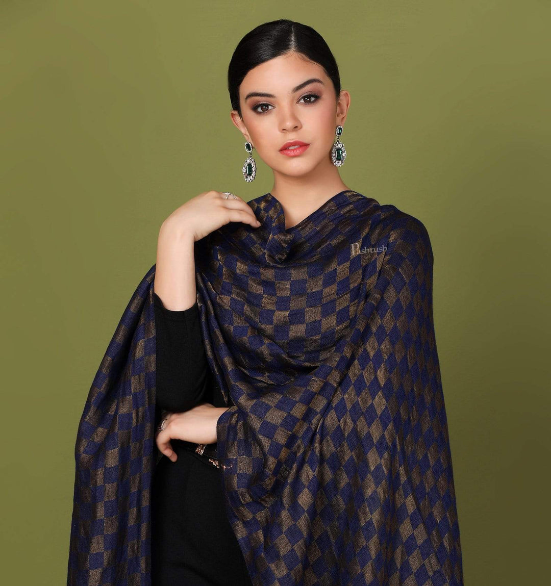 Pashtush Shawl Store Stole Pashtush Womens Twilight Checkered Scarf, With Shimmery Zari  thread Weave, Blue and Golden