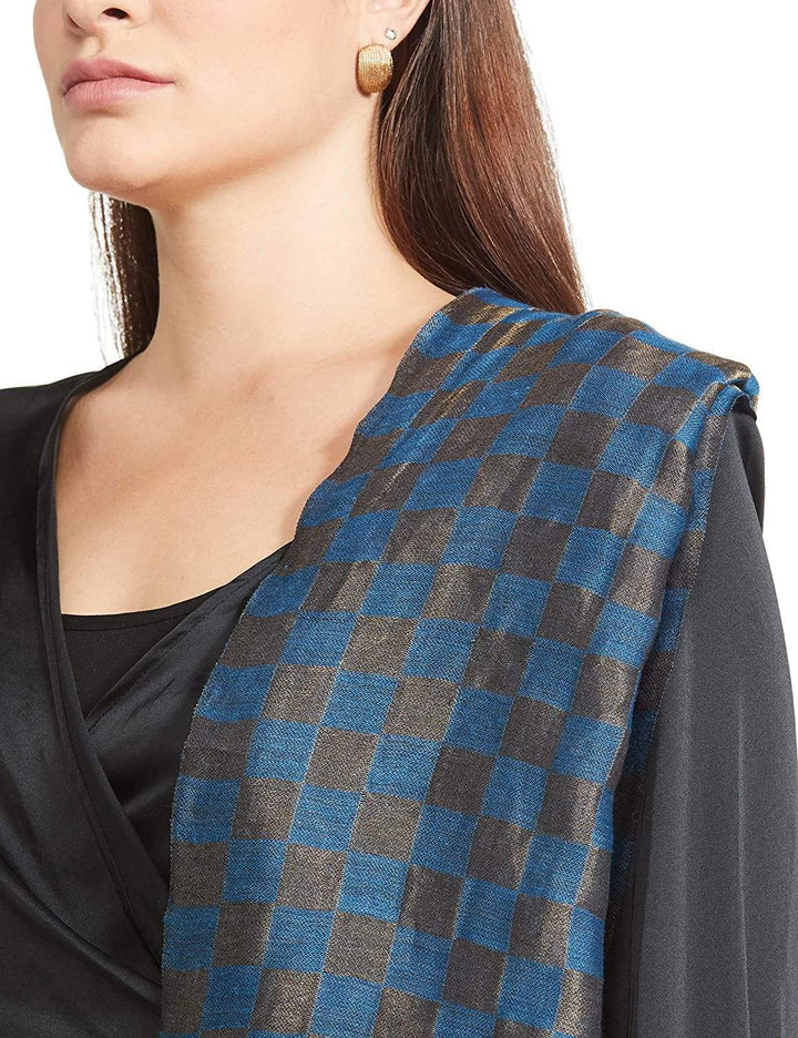 Pashtush India 70x200 Pashtush Womens Twilight Checkered Scarf, With Shimmery Zari Thread Weave, Blue And Golden
