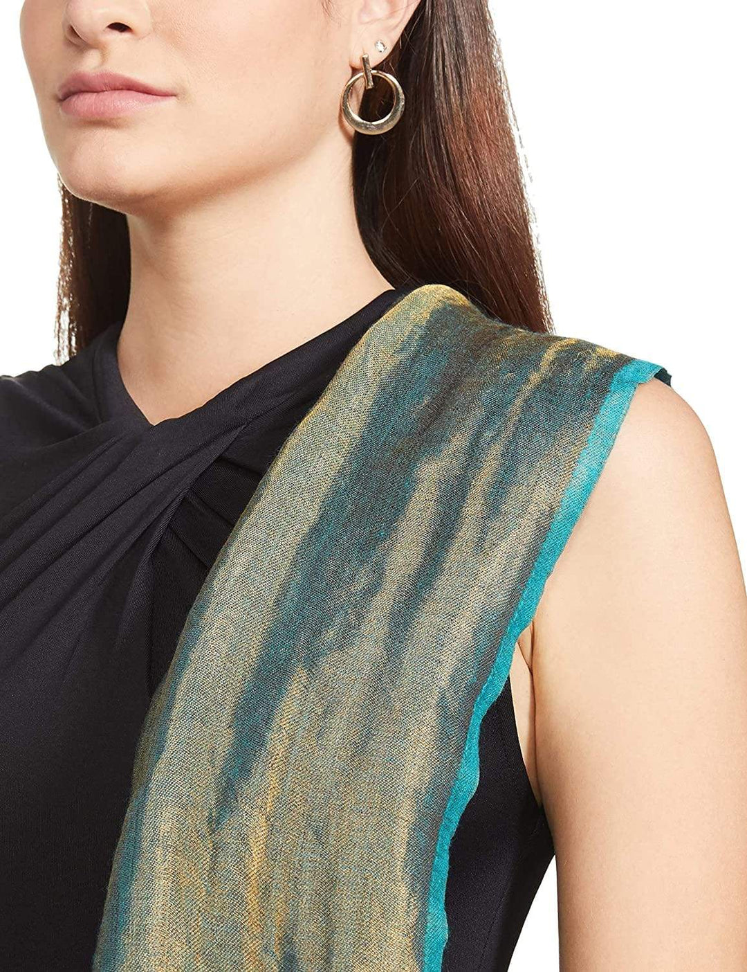 Pashtush India 70x200 Pashtush Womens Twilight Scarf, Reversible Golden Weave, Aqua Blue And Gold