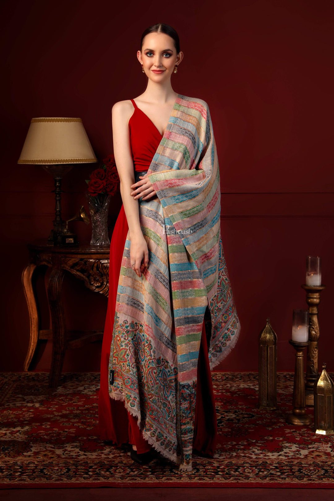 Pashtush India 70x200 Pashtush Womens Twilight Striped Scarf, With Shimmery Zari Thread Weave