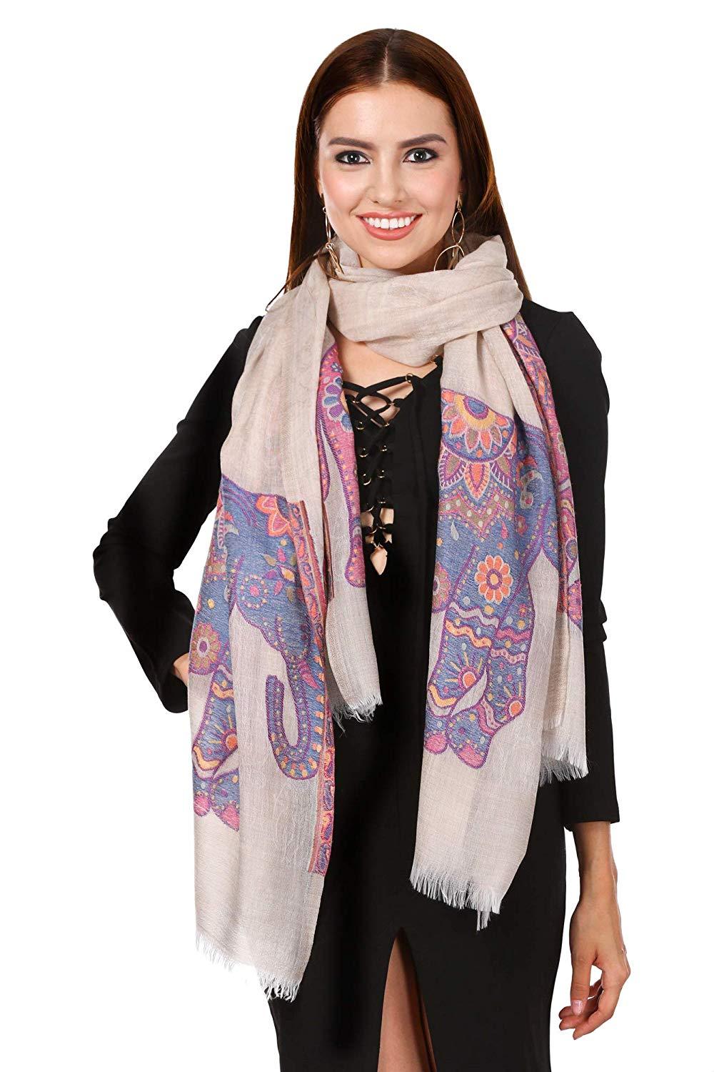 Pashtush Womens Ultra Fine Wool Scarf With Woven Elephant Design, Soft And Luxurious
