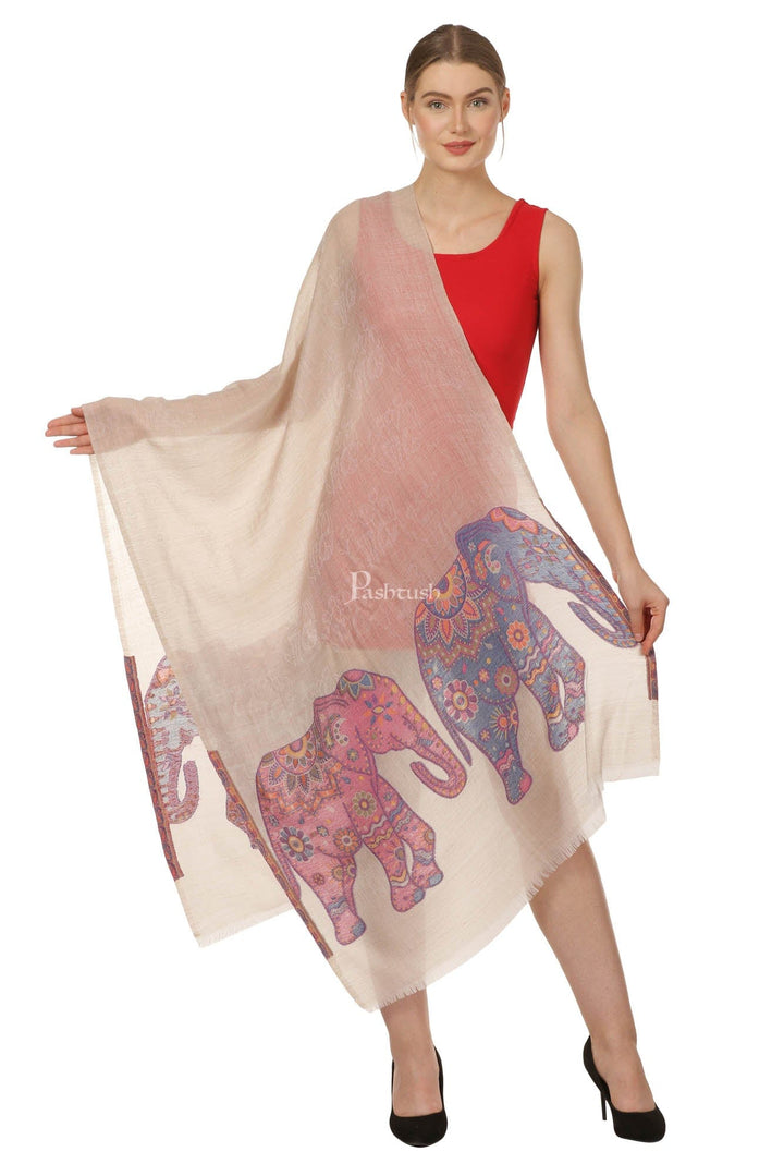 Pashtush India Womens Stoles and Scarves Scarf Pashtush Womens Ultra Fine Wool Blended Scarf With Woven Elephant Design, Soft And Luxurious