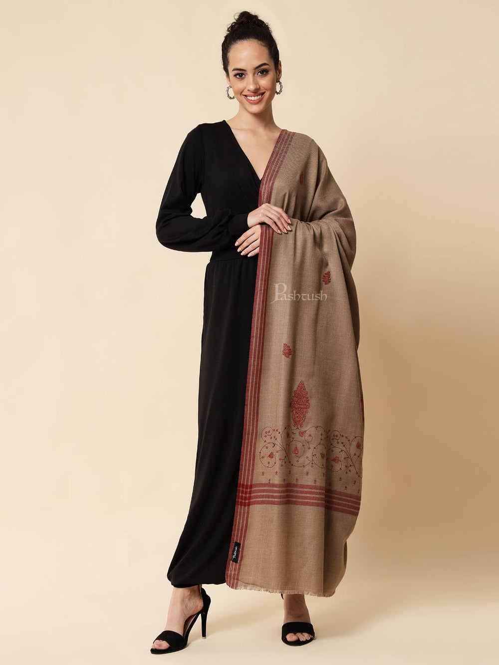 Pashtush India Womens Shawls Pashtush womens Woollen shawl, Embroidery design, Dark beige