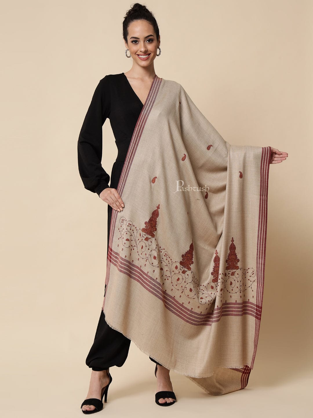 Pashtush India Womens Shawls Pashtush womens Woollen shawl, Embroidery design, Light Beige