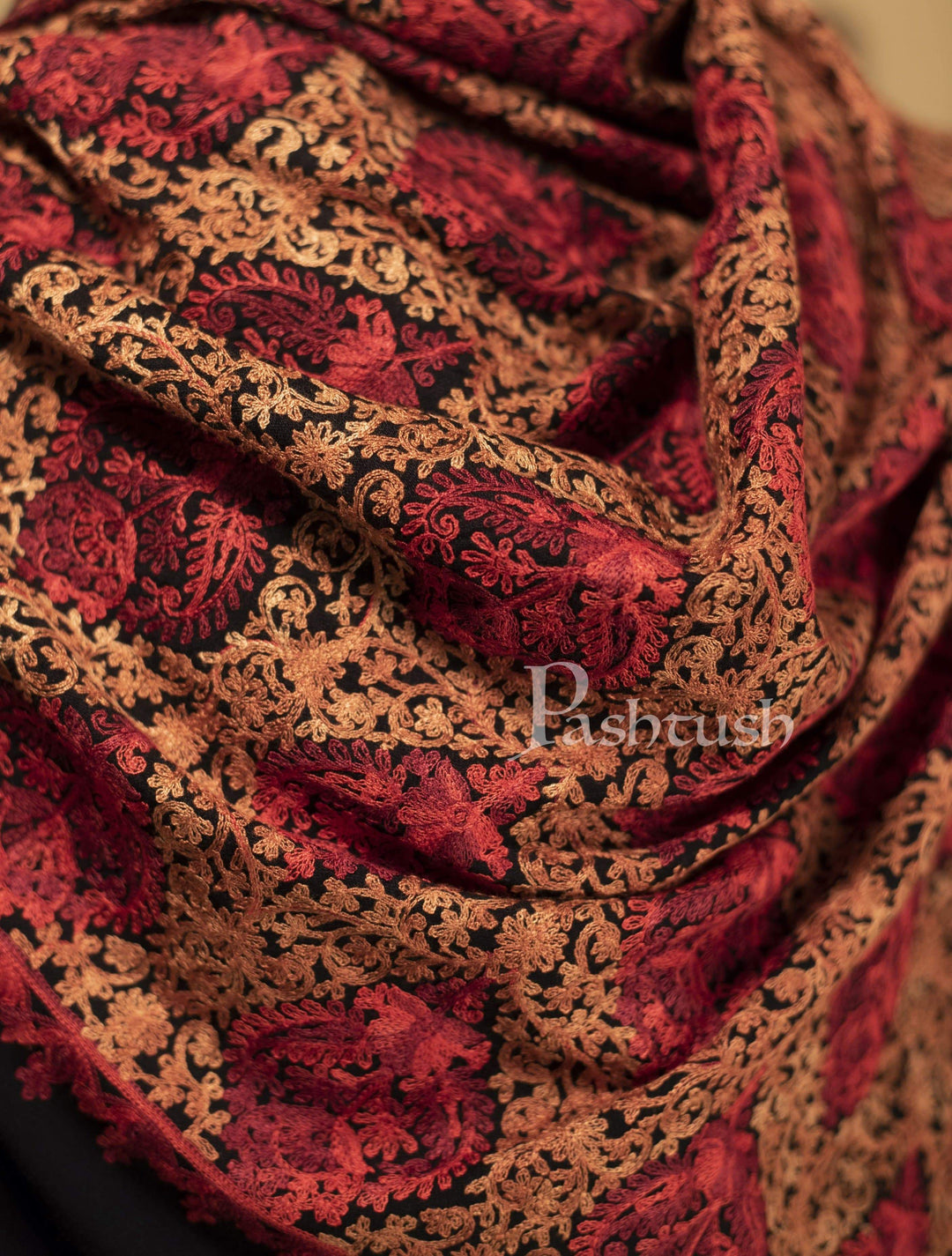 Pashtush India 100x200 Pashtush Womens Woollen, Silky Aari Embroidery Needlework Stole, Black