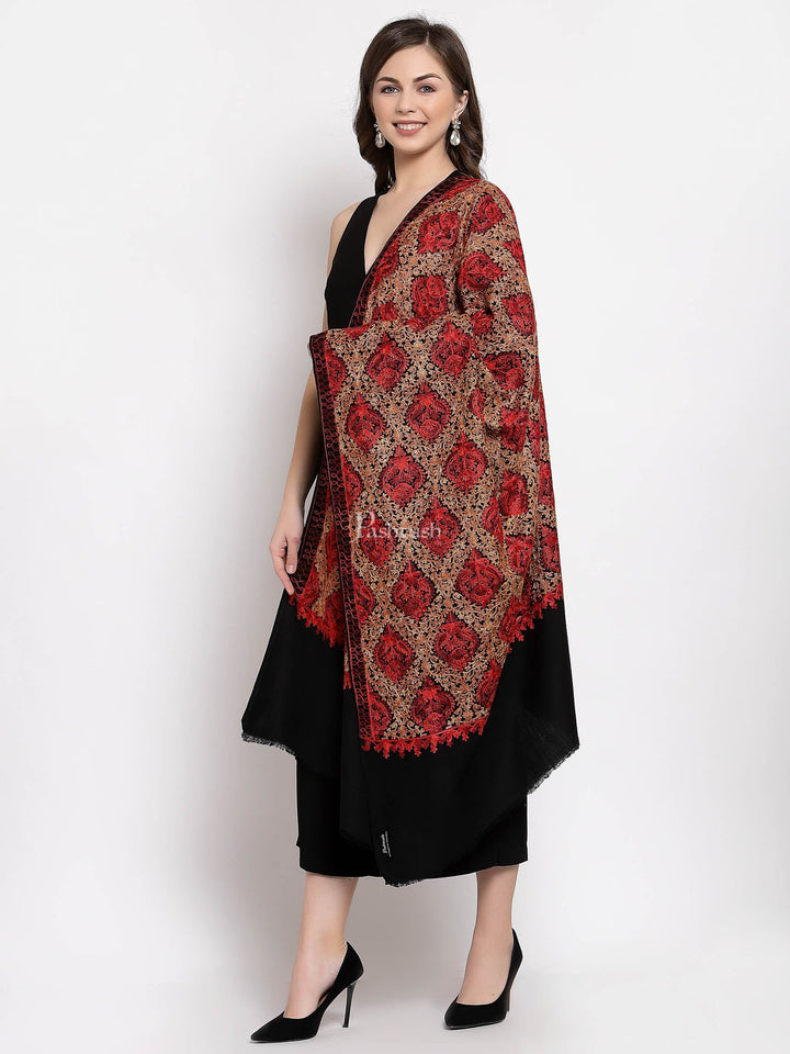 Pashtush India Womens Shawls Pashtush Womens Woollen, Silky Aari Embroidery Needlework Stole, Black