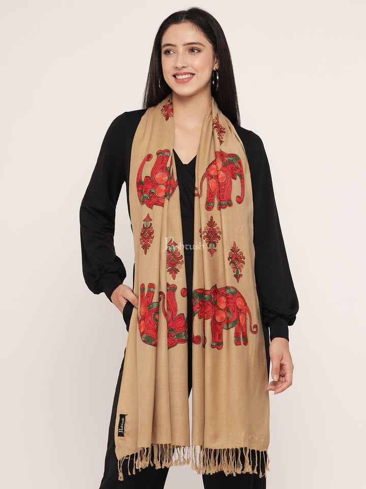 Pashtush India Womens Stoles and Scarves Scarf Pashtush womens Woollen stole, nalki embroidery design, Beige