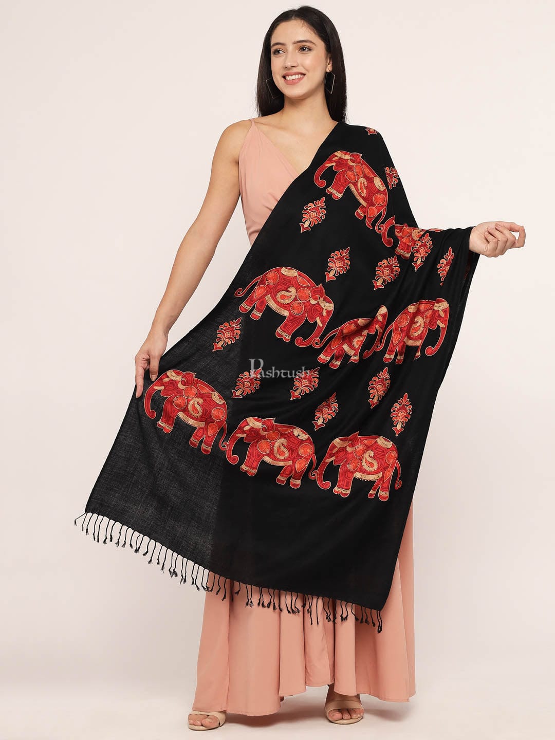 Pashtush India Womens Stoles and Scarves Scarf Pashtush womens Woollen stole, nalki embroidery design, Black