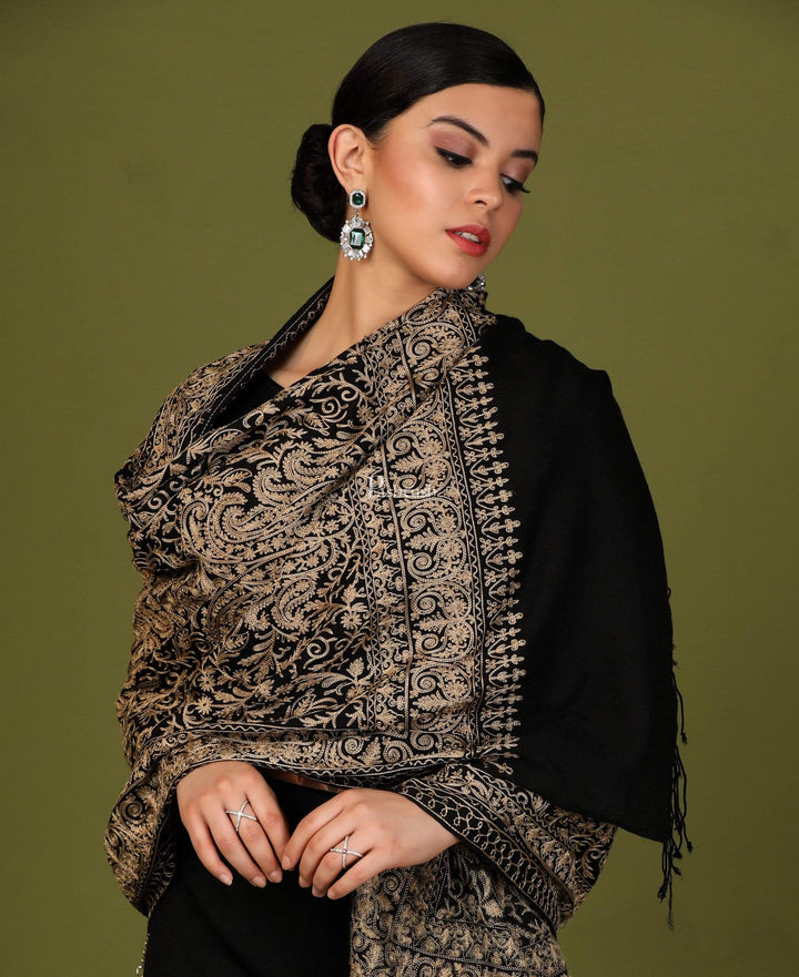 Pashtush Store Stole Pashtush Womens Woollen Stole, Silky Nalki Embroidery Needlework Stole, Black