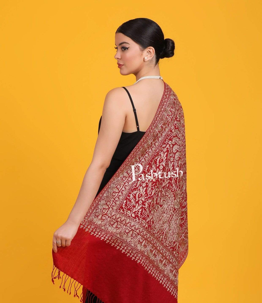 Pashtush India 70x200 Pashtush Womens Woollen Stole, Silky Nalki Embroidery Needlework Stole, Maroon