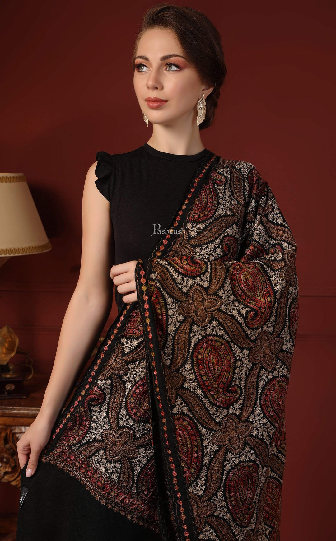 Pashtush India 70x200 Pashtush Womens Woollen Stole with Nalki Embroidery, Black