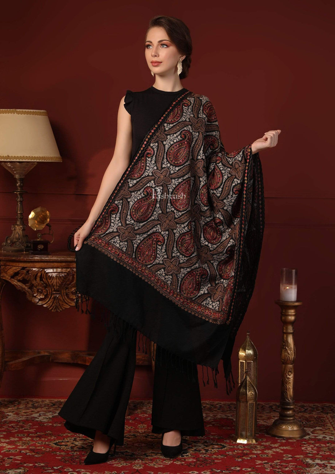 Pashtush India 70x200 Pashtush Womens Woollen Stole with Nalki Embroidery, Black