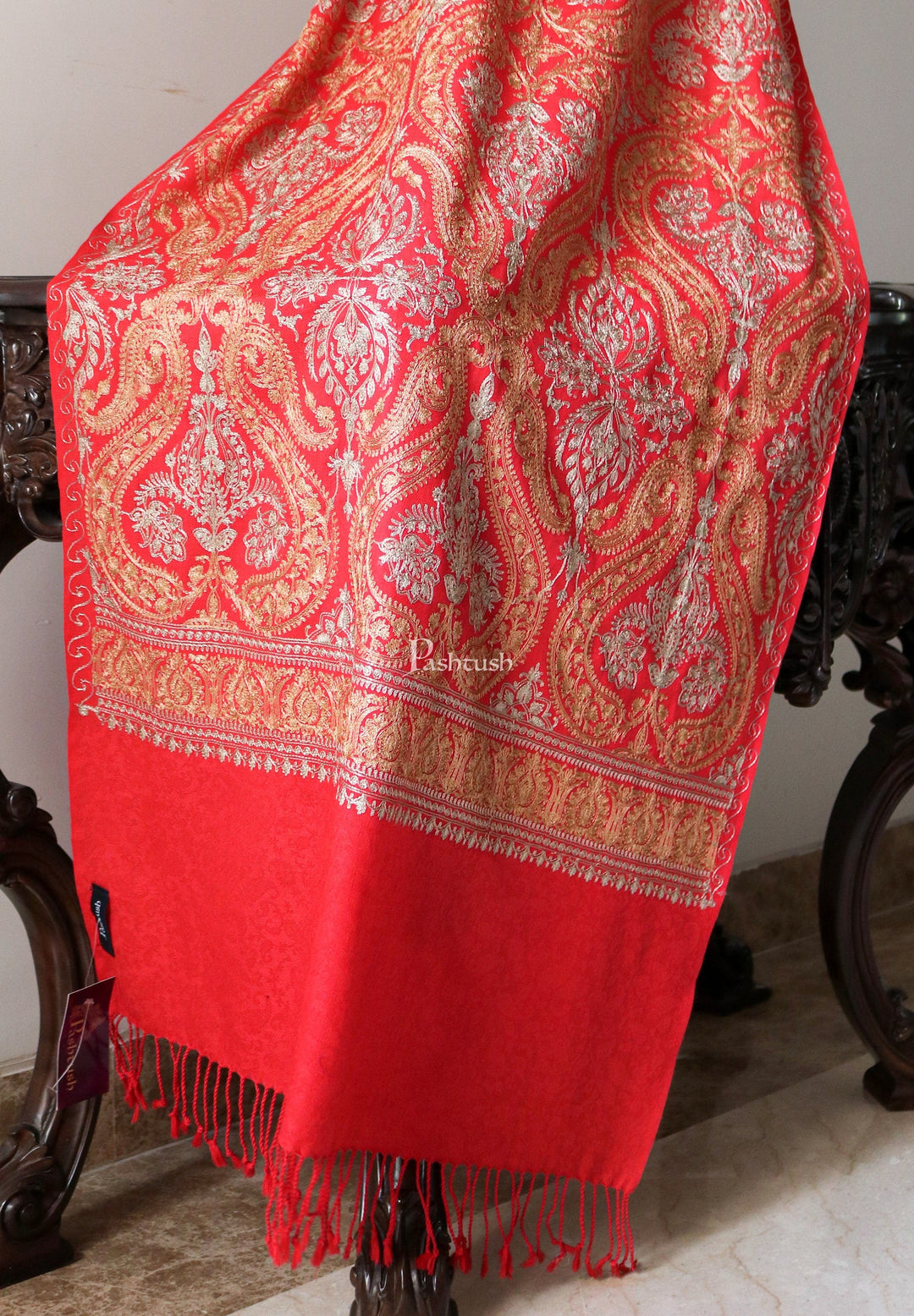 Pashtush India Womens Stoles and Scarves Scarf Pashtush Womens Woollen Stole With Nalki Embroidery, Red