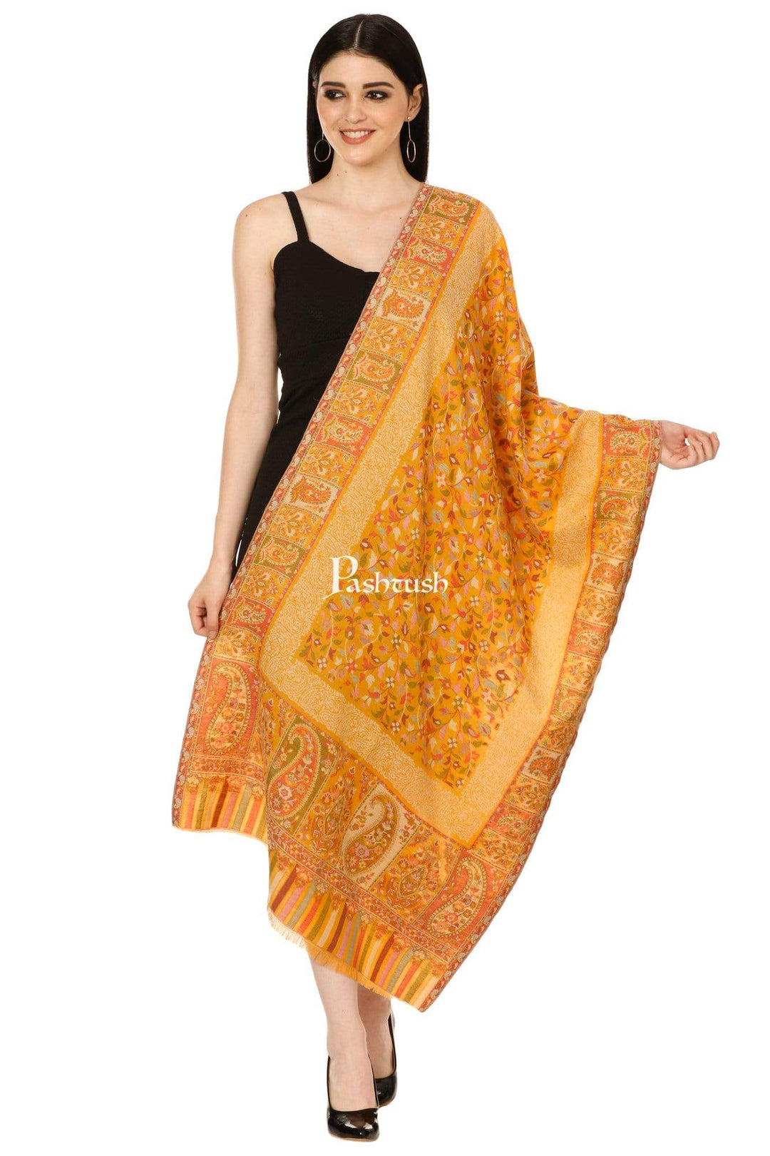 Pashtush Store Stole Pashtush Womens Woven Kaani Stole, Woollen, Faux Pashmina Stole, Bright Mustard