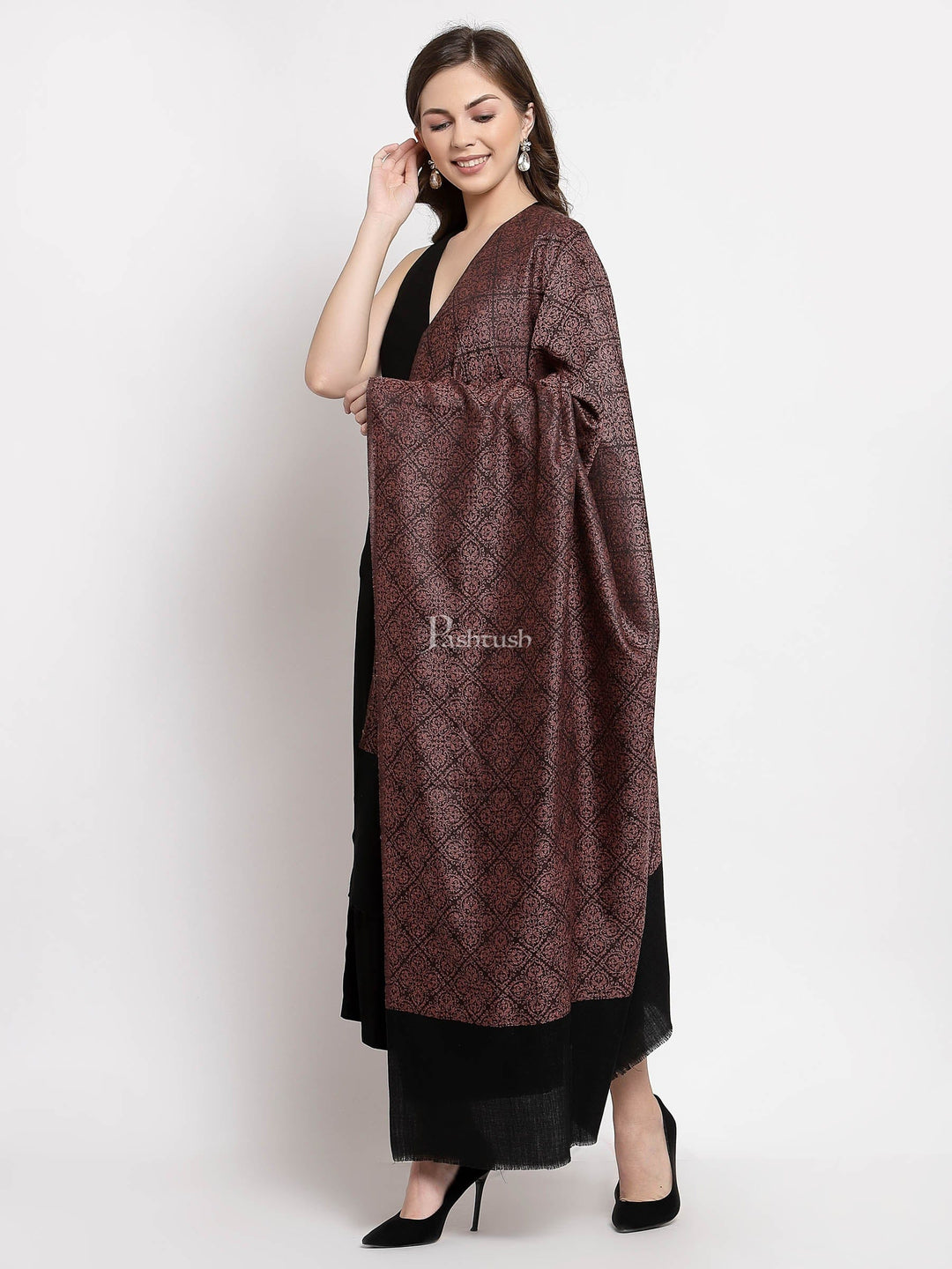 Pashtush India Womens Shawls Pashtush Womens Woven Paisley, Self Shawl, In Extra Soft Fine Wool, Large Wrap Size Black