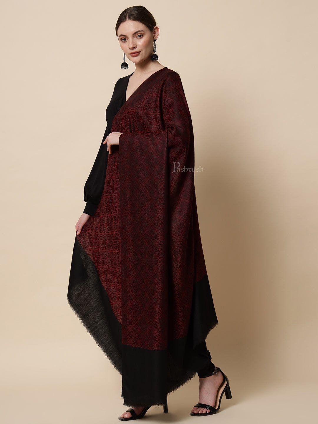 Pashtush India Womens Shawls Pashtush Womens Woven Paisley, Self Shawl, In Extra Soft Fine Wool, Large Wrap Size, Black