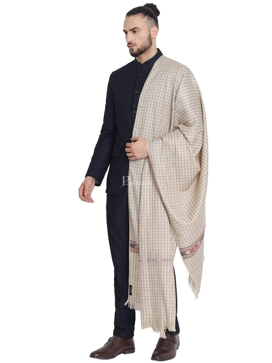 Pashtush India 127x254 Pashtush Woven Aztec Design Mens Full Size Shawl In Extra Fine Wool - Taupe